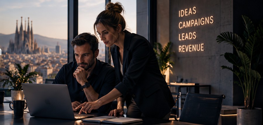Modern performance marketing team working with campaign analytics in a Barcelona office